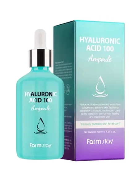 FARMSTAY - СЫВОРОТКА ДЛЯ ЛИЦА С ГИАЛУРОНОВОЙ КИСЛОТОЙ HYALURONIC ACID 100 AMPOULE, 100 ML
