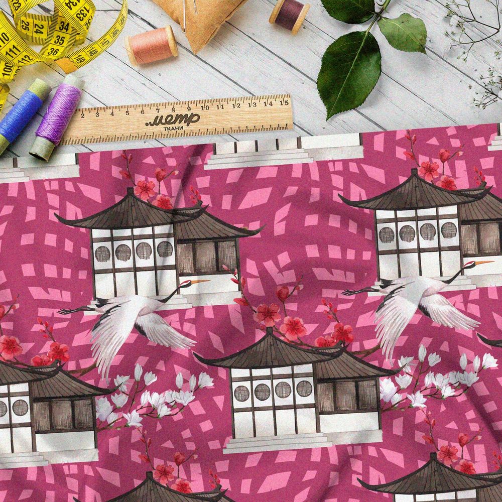 Ткань габардин журавль и китайский дом