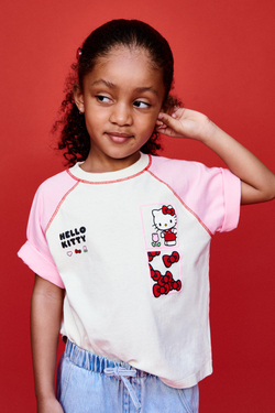 ZARA ФУТБОЛКА РЕГЛАН КОНТРАСТНАЯ HELLO KITTY ©, РОЗОВЫЙ