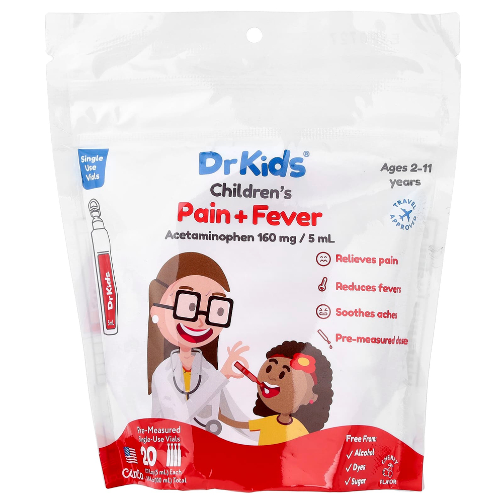 DrKids, средство от боли и лихорадки, для детей от 2 до 11 лет, с вишней, 20 отмеренных одноразовых флаконов, по 5 мл (0,17 жидк. унции)