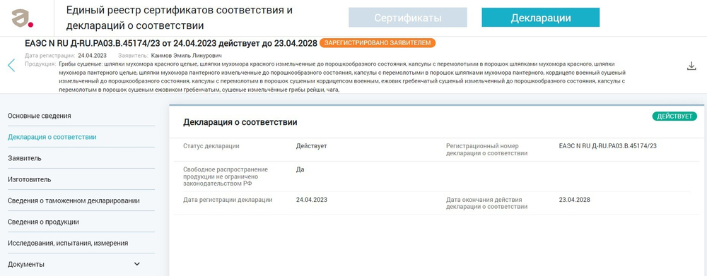 декларация соответствия шляпок мухомора пантерного