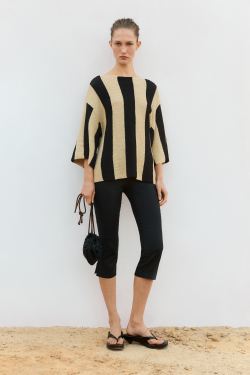 Massimo Dutti Трикотажный свитер из смесового хлопка в полоску, черный