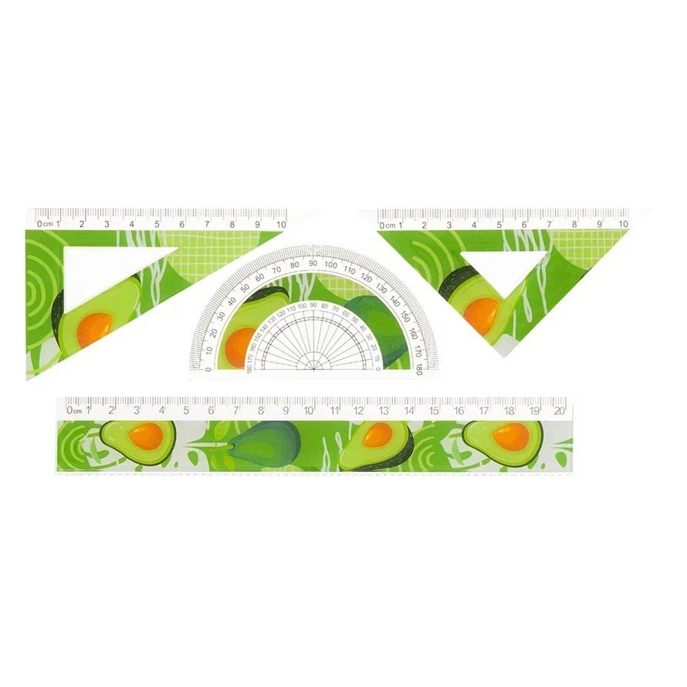 Линейка Basir пластиковая, набор 4 шт, серия "Авокадо", 4 предмета: линейка 20 см, транспортир и два угольника