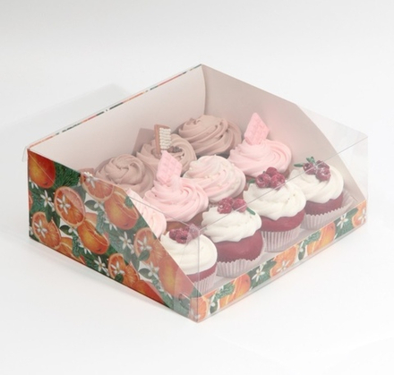 Коробка для торта/кондитерских изделий "Апельсины" с прозрачной крышкой 25х22,5х10 см