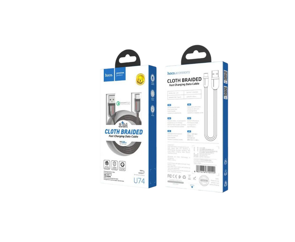 Кабель USB x Type-C -1.2м. 3.0A быстрая зарядка,плетеная ткань U74