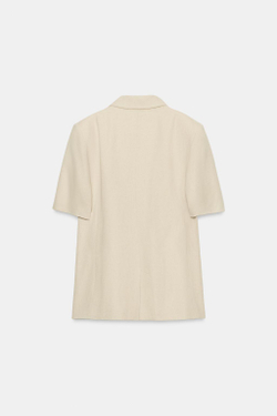 ZARA ДВУБОРТНЫЙ БЛЕЙЗЕР ИЗ СМЕСОВОГО ЛЬНА С КОРОТКИМИ РУКАВАМИ, СВЕТЛО-БЕЖЕВЫЙ