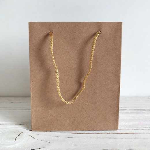 Плотный крафт пакет 140 х 115 х 60 мм, с веревочной ручкой