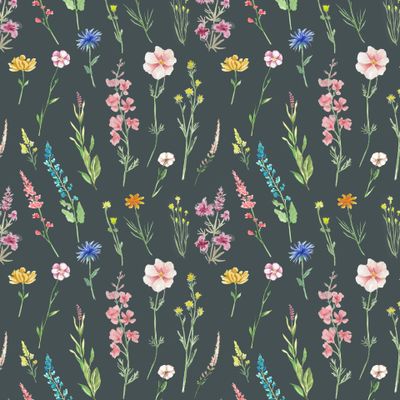 Полевые цветы на темно-зеленом фоне, акварель