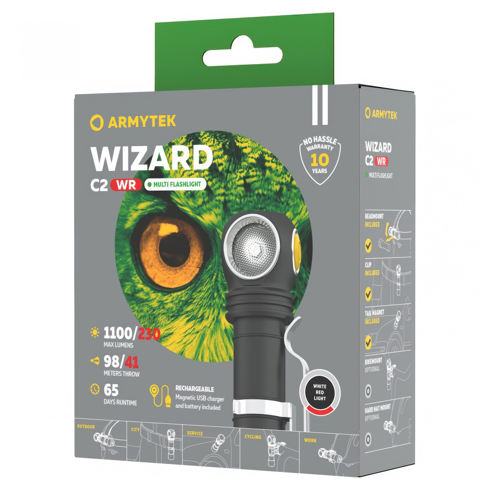 Налобный фонарь Armytek Wizard C2 WR Magnet USBширокий угол засветки (70° центральное пятно, 120° боковая зона).