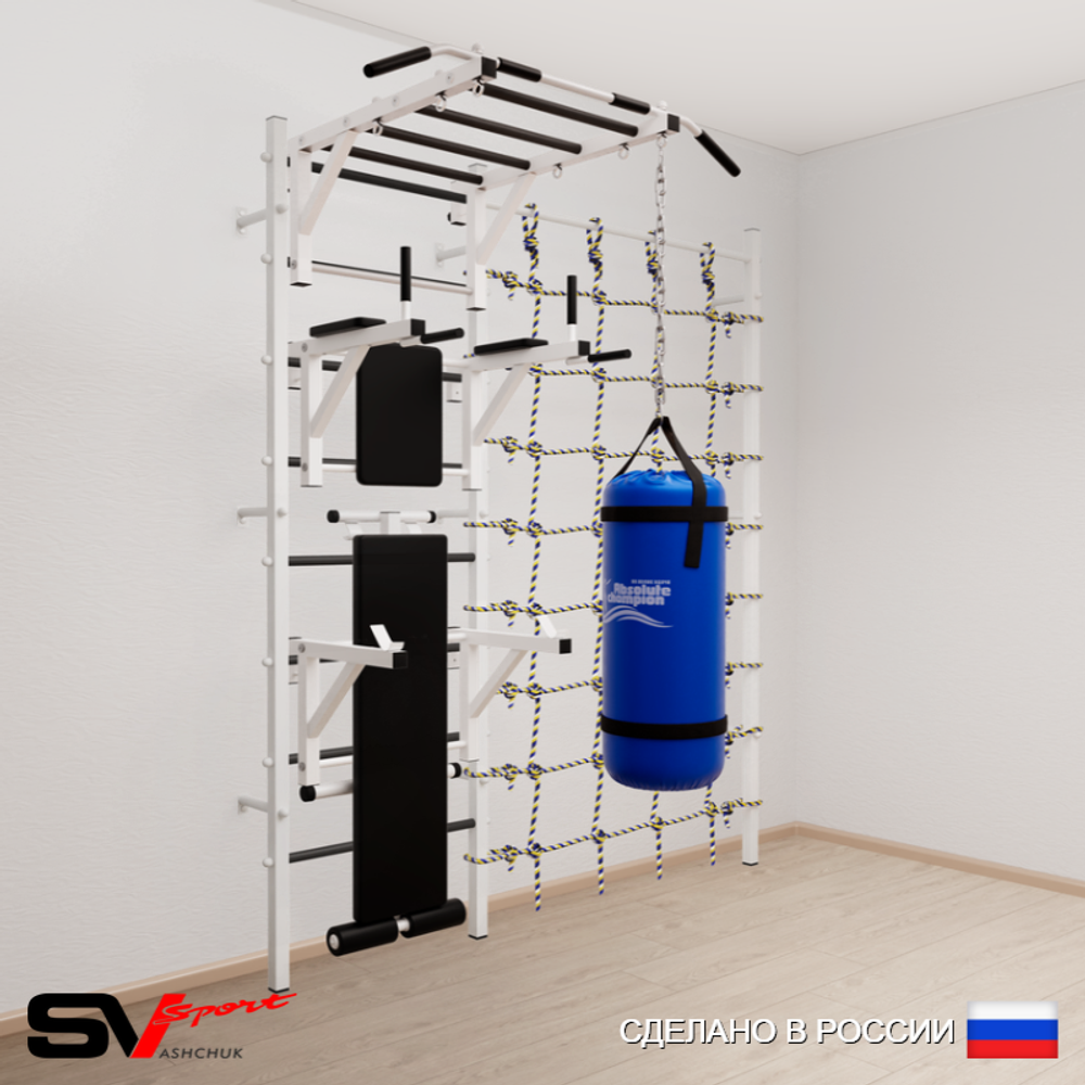 Шведская стенка Sv Sport усиленная 62620 (Турник рукоход/Брусья/Стойка/Скамья/Цепь/Мешок 22кг/Канатный лаз)