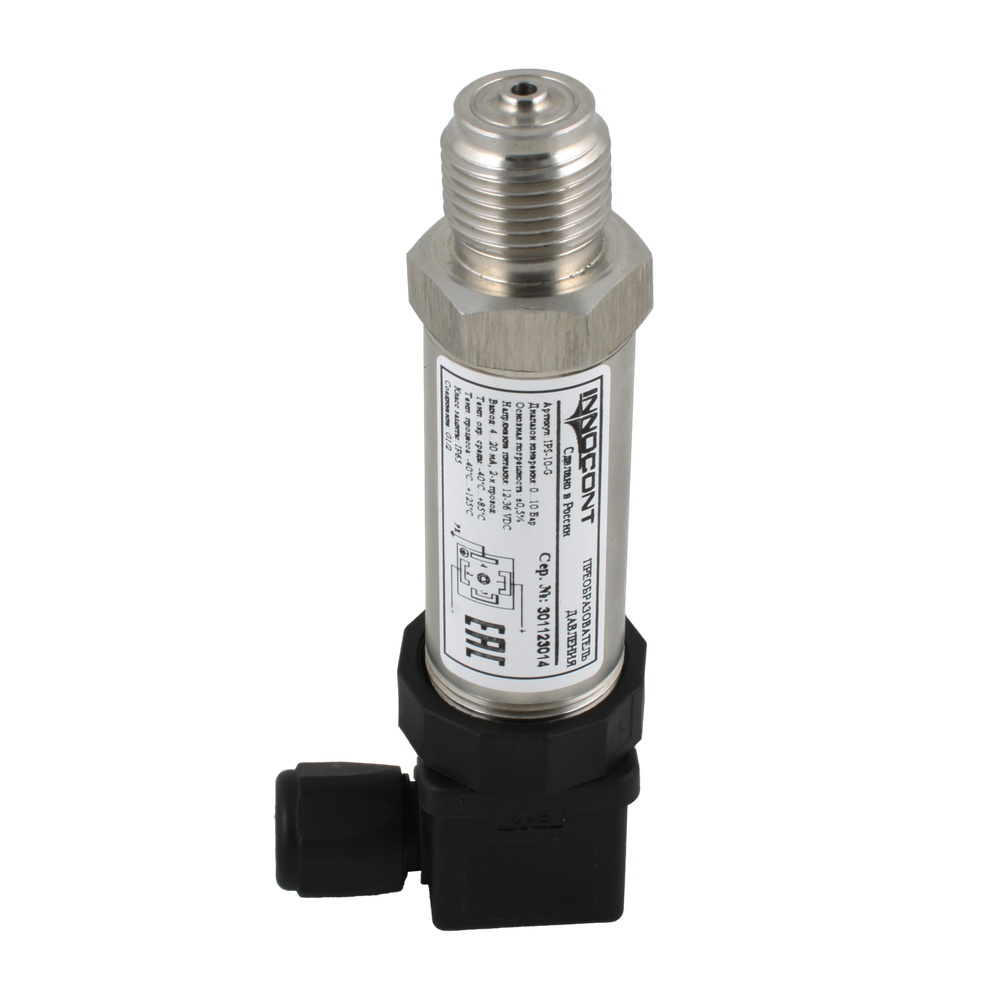 Преобразователь давления INNOCONT IPS-10-G, диапазон 0...10 бар, точность 0,5%, -40 +125 С, 12-36 VDC, IP65, разъем DIN