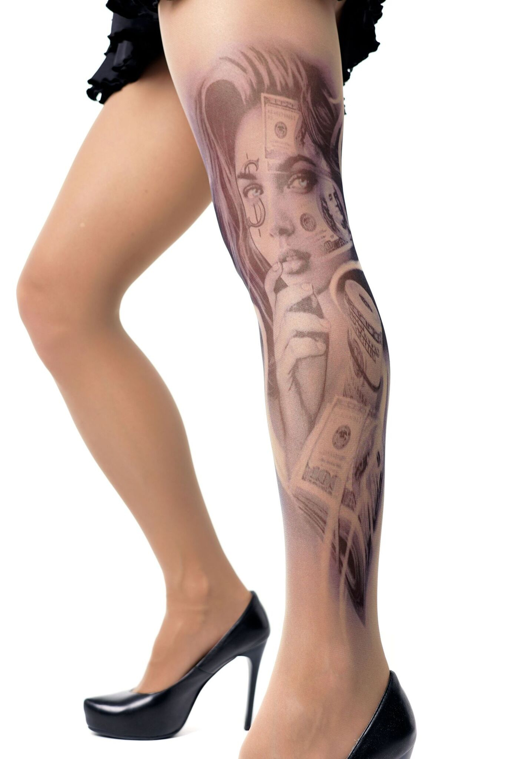 Колготки +size с принтом в виде женского лица в окружении купюр (Размер: XL-XXL-XXXL) (Цвет: бежевый)