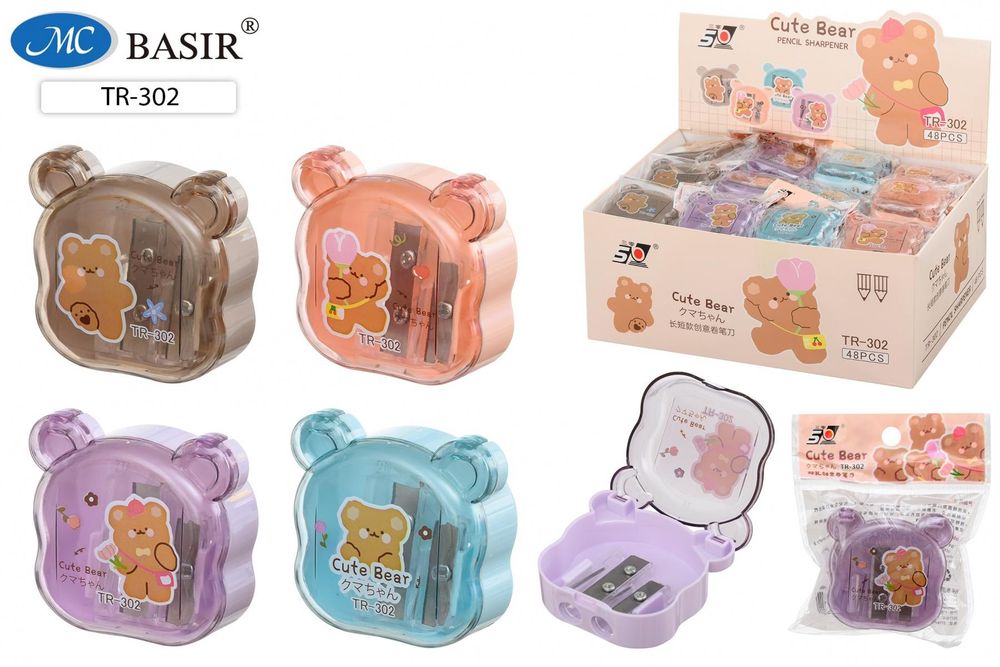 Точилка 5*4,5см. "Мишка" двойная, с откидной крышкой, пластиковая, ассорти (Basir)