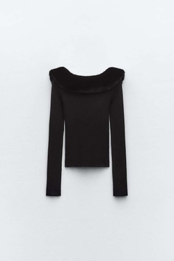 ZARA СВИТЕР С ВОРОТНИКОМ ИЗ ИСКУССТВЕННОГО МЕХА, ЧЕРНЫЙ