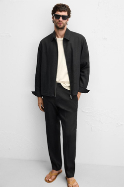 ZARA КУРТКА-РУБАШКА ИЗ 100% ЛЬНА, ЧЕРНЫЙ