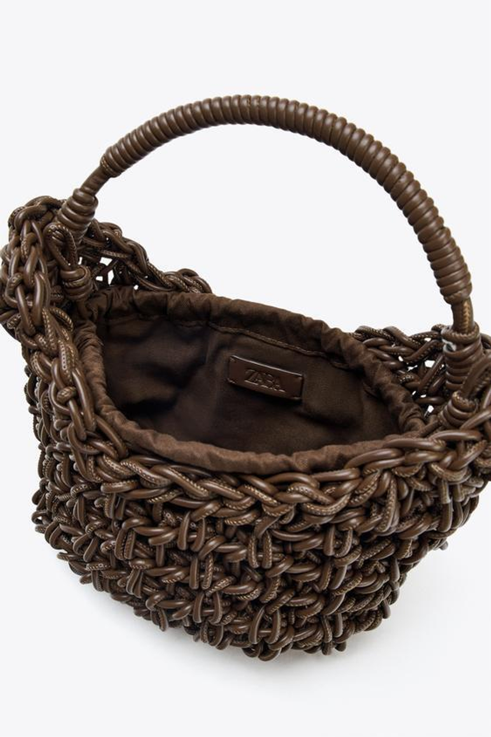 ZARA ПЛЕТЕНАЯ СУМКА С ДЕКОРАТИВНОЙ СТРОЧКОЙ, ШОКОЛАДНЫЙ