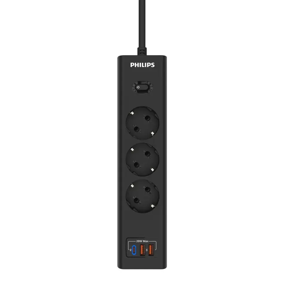 Сетевой фильтр удлинитель Philips CHP4336BA/51 с тремя стандартными розетками EU, 2 USB-A, Type-C, с заземлением и защитой от перегрузок, 2 м, черный