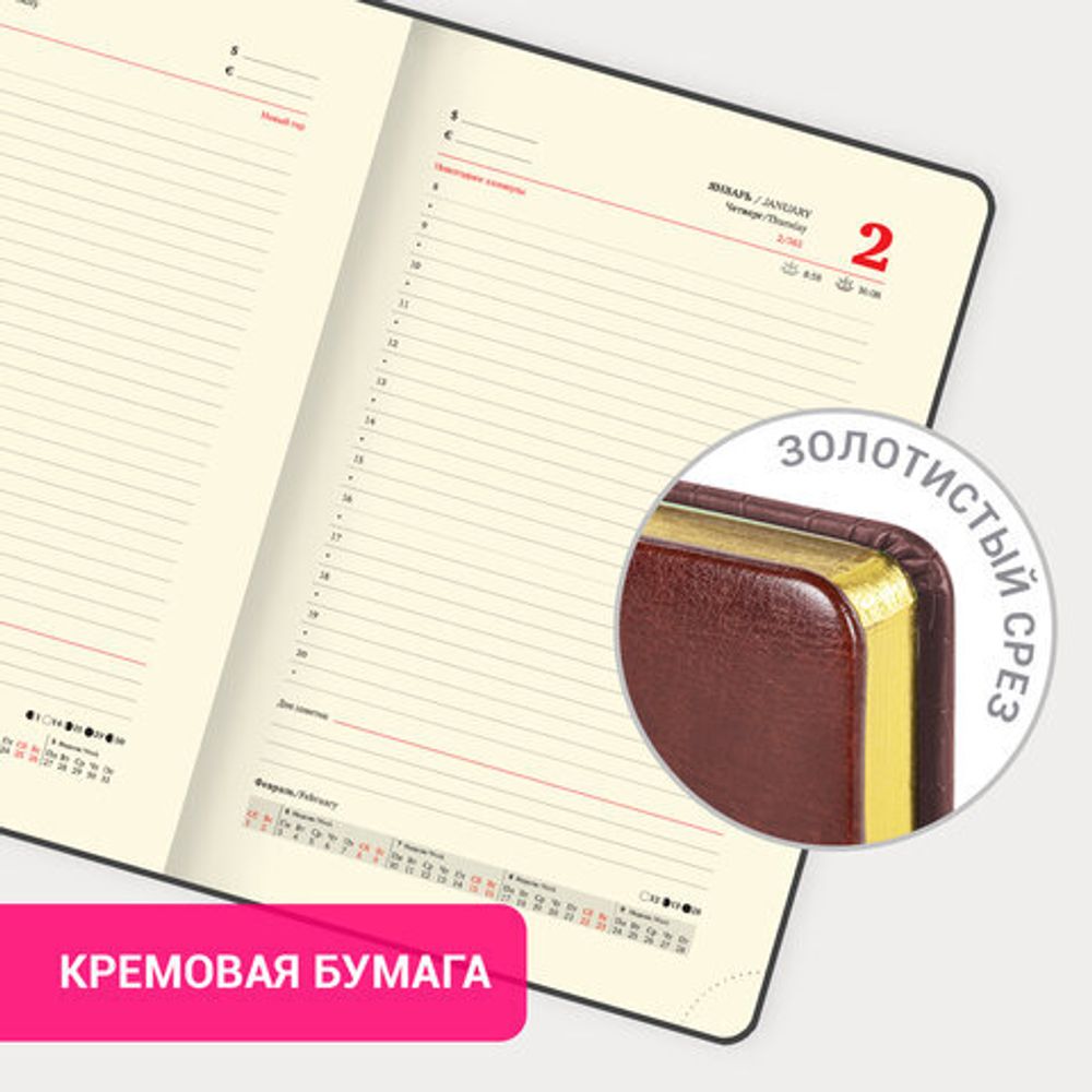 Ежедневник датированный 2025, А5, 138x213 мм, BRAUBERG "Cayman", под кожу, бордовый/коричневый, 115769