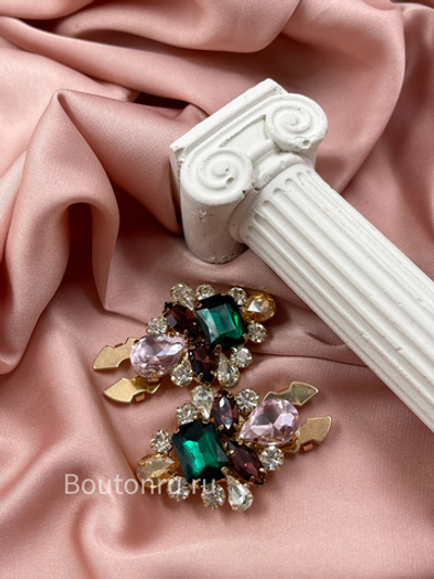 Накладка на пуговицу золотистая с разноцветными стразами (клипсы)