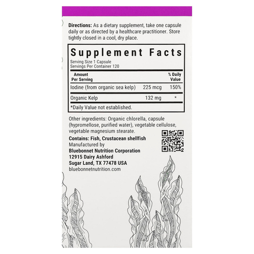 Bluebonnet Nutrition, йод из бурых водорослей атлантических морских водорослей, 225 мкг, 120 растительных капсул