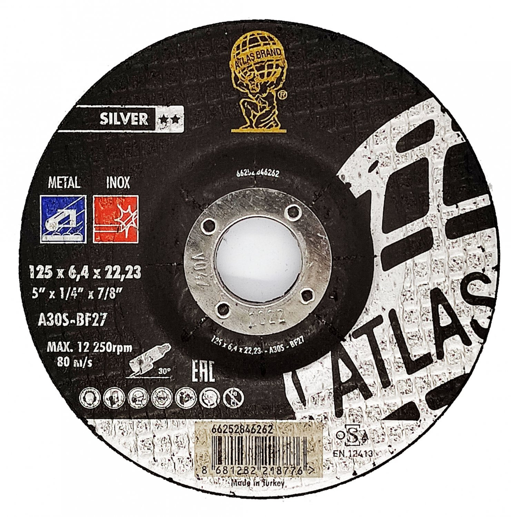 Диск шлифовальный по нержавеющей стали Atlas Inox A30S - T27 (125x6.4x22.23)