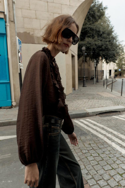 ZARA БЛУЗА С ВОЛАНАМИ, КОРИЧНЕВЫЙ