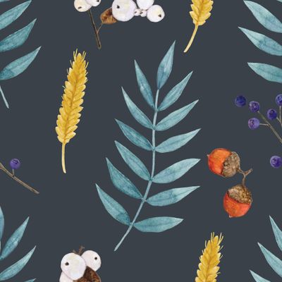 Папоротники и колоски на синем