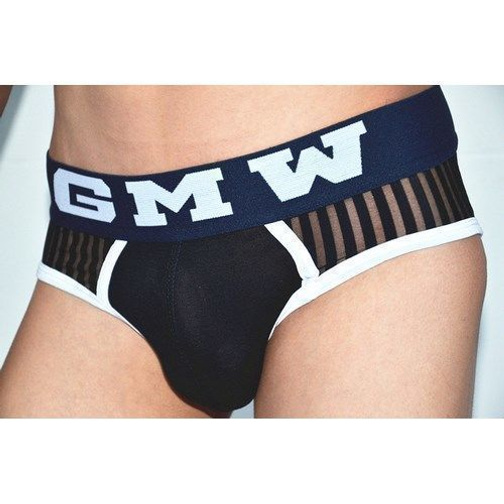 Мужские трусы брифы прозрачные Черные с темно синей резинкой  GMW See-It Briefs