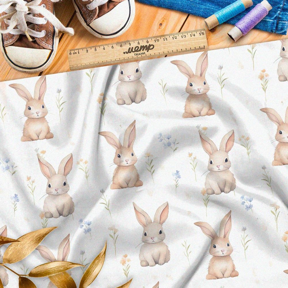 Ткань премиум шифон зайцы в полевых цветах