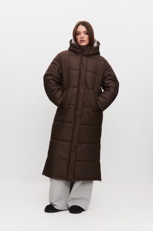Пуховик длинный стеганый, шоколад
