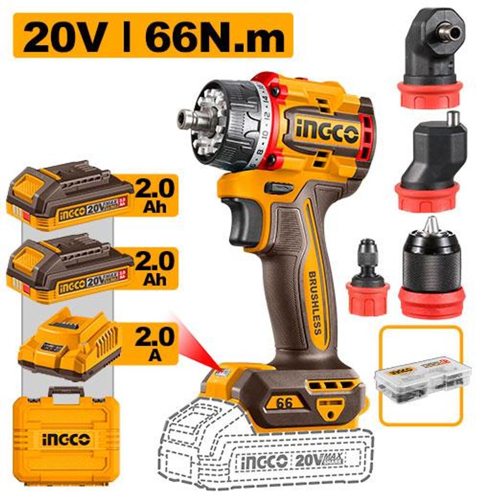 Аккумуляторный бесщёточный шуруповерт INGCO CDLI206686 INDUSTRIAL 20 В 66 Нм с набором сменных насадок