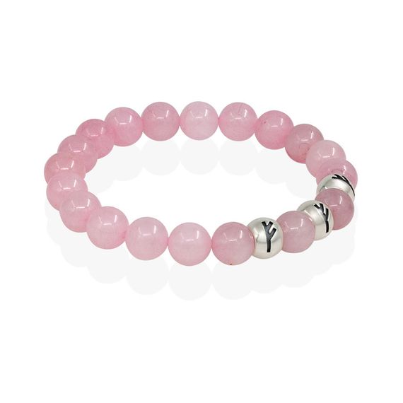 Браслет Денежный магнит из натурального розового кварца с тремя рунами Феху из серебра 925