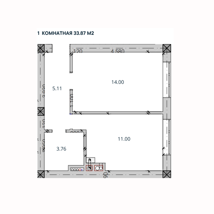 1-комн. квартира, 33,87 м²; 1,2,3 этажи