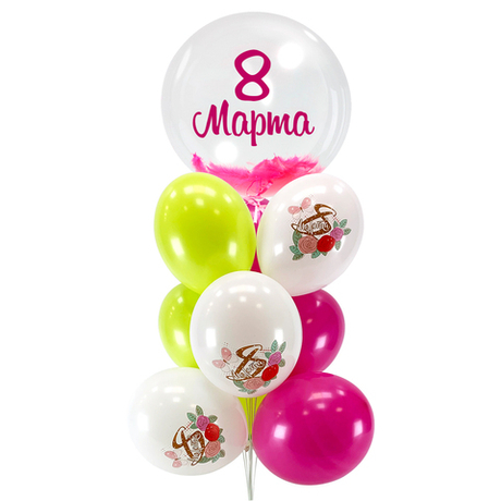 Букет из воздушных шаров "С 8 марта Баблс с перьями"