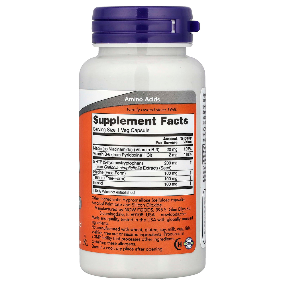 NOW Foods, 5-HTP с глицином, таурином и инозитолом, 60 растительных капсул