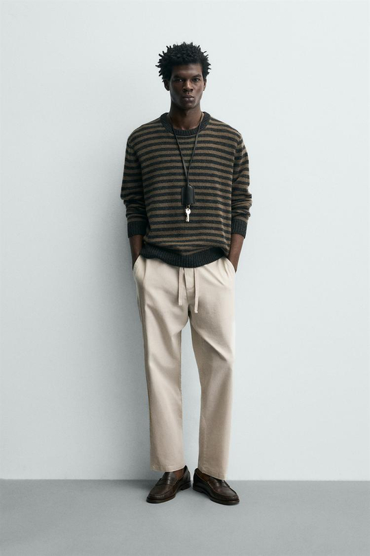 ZARA БРЮКИ RELAXED FIT ИЗ СМЕСИ ХЛОПКА, ЖЕМЧУЖНО-СЕРЫЙ