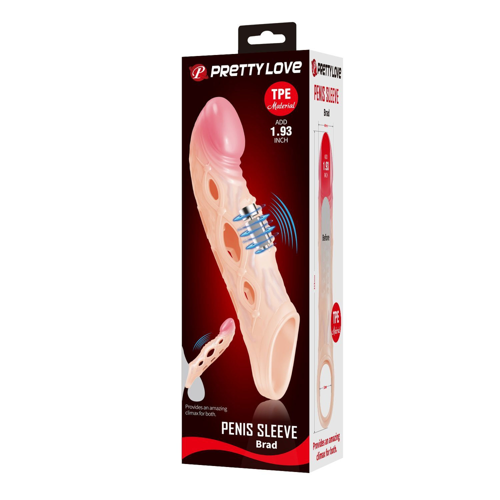 Телесная удлиняющая насадка с рельефом и вибрацией Brad - 21,3 см. (Цвет: телесный)