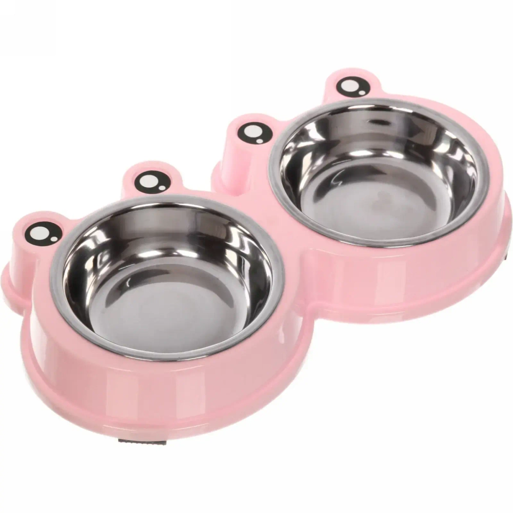 Миска пластиковая с металлической чашкой двойная «Колор-Лягушонок» 27,8*15,5*4см цвет нежно-розовый/300мл