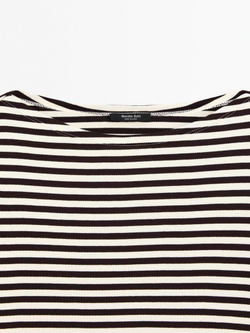 Massimo Dutti Футболка в полоску с деталью внахлест на плечах, коричневый