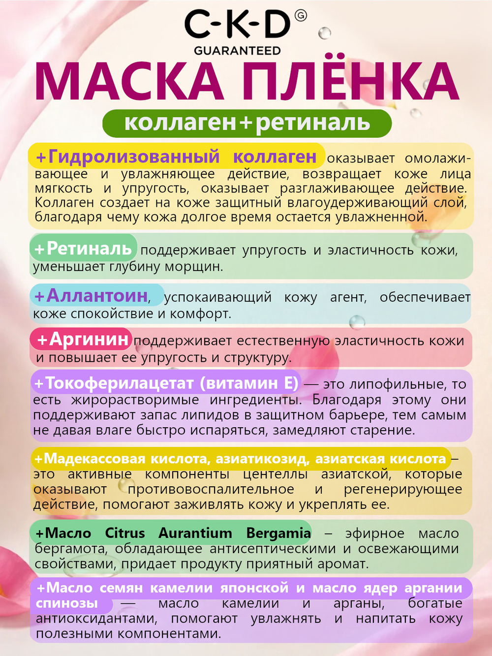 C-K-D Набор маска-пленка + кисть - Retino collagen small molecule 300 tightening cream, 50мл