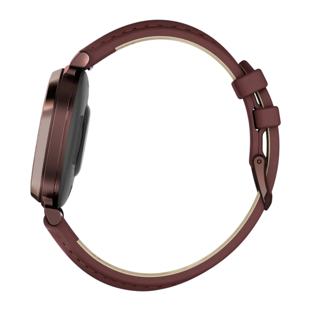 Спортивные часы Garmin Lily 2 Classic, кожаный ремешок цвета «красная шелковица» Безель из алюминия тёмно-бронзового цвета, стекло Gorilla Glass. Ремешок с классической застёжкой — на запястье обхватом 110–175 мм