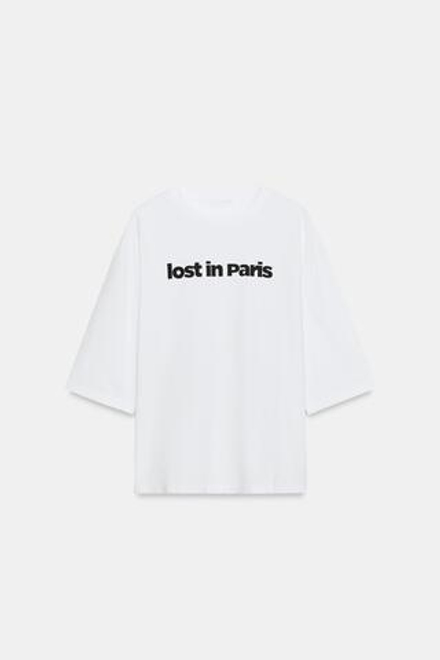 ZARA ФУТБОЛКА С НАДПИСЬЮ, ЖЕЛТОВАТО-БЕЛЫЙ