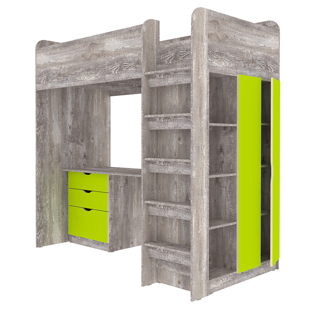 Кровать-чердак КарИВи Polini Simple с письменным столом и Шкаф КарИВиом Бетон Лайм