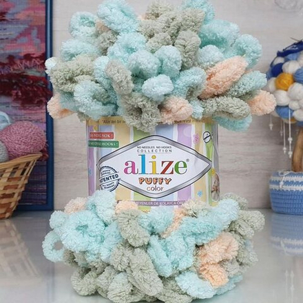 Пуффи колор (Puffy color) пряжа Alize 100%микрополиэстер 5х100г/9 м (8013 св.бирюзовый-персик-св.хаки)