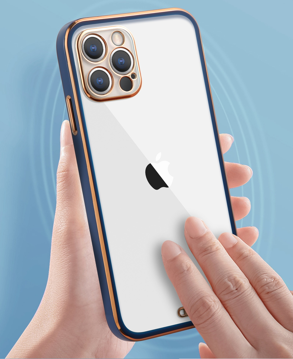 Чехол мягкий прозрачный для телефона iPhone 12 и 12 Pro, рамки синего цвета с вставками золотого цвета