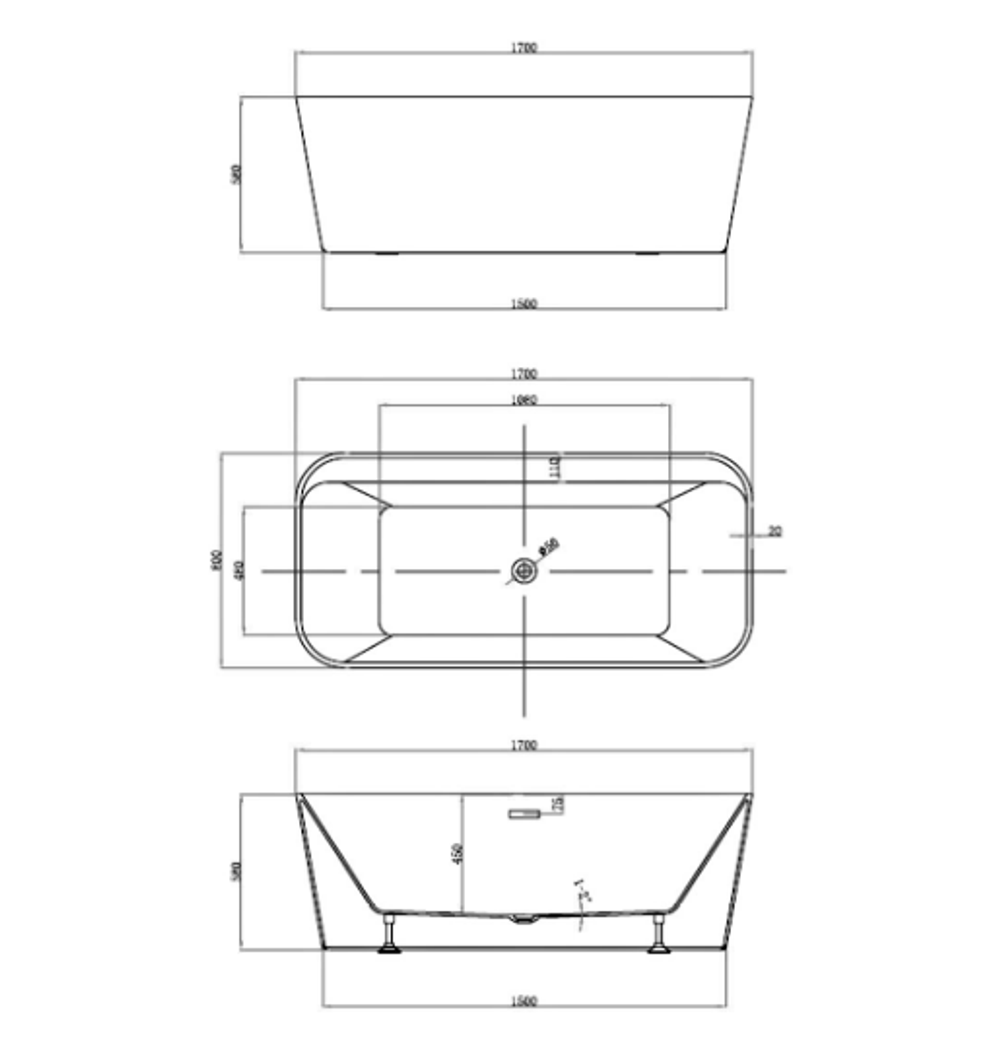 Ванна акриловая Vincea VBT-401-1700MW, 1700*800*580, цвет белый мат, слив-перелив в комплекте, , шт