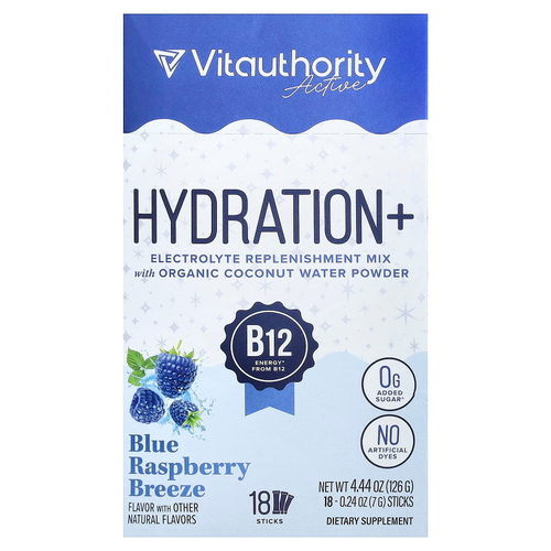 Vitauthority, Active, Hydration+, бриз с голубой малиной, 18 стик-пакетов по 7 г (0,24 унции)