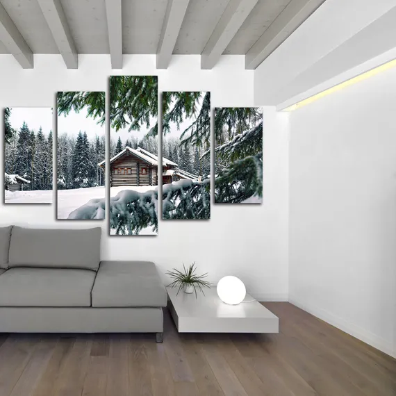 Модульная картина "Домик в зимнем лесу"