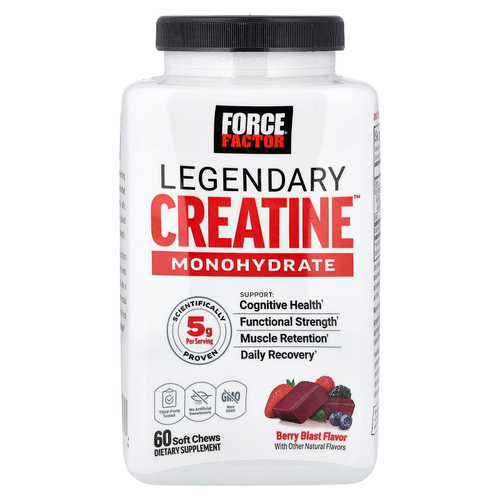 Force Factor, Legendary Creatine™, моногидрат креатина, с ягодным вкусом, 60 жевательных таблеток (2,5 г в 1 жевательной таблетке)
