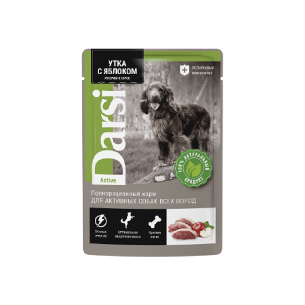 Влажный корм паучи для активных собак Darsiвсех пород, утка с яблоком, кусочки в соусе 85 г*32шт